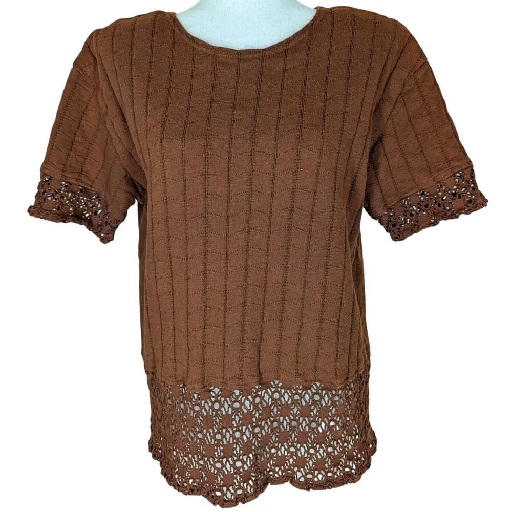 Vintage Womens Short Sleeve Brown Sweater Open Knit Sleeves Hem David Wayne M/L